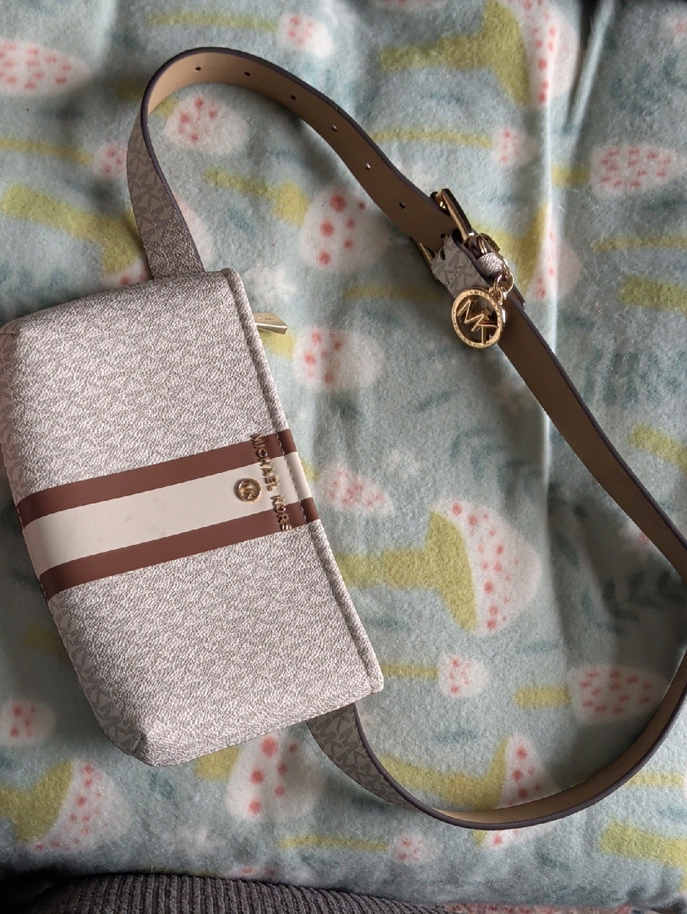 Michael Kors Faux Leather White and Brown Logo-Print Belt Bag
